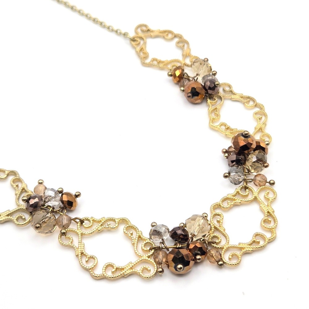 Gold Tone Filigree Cluster Glass Beaded Statement Necklace Delicate Fairy - Picture 1 of 4